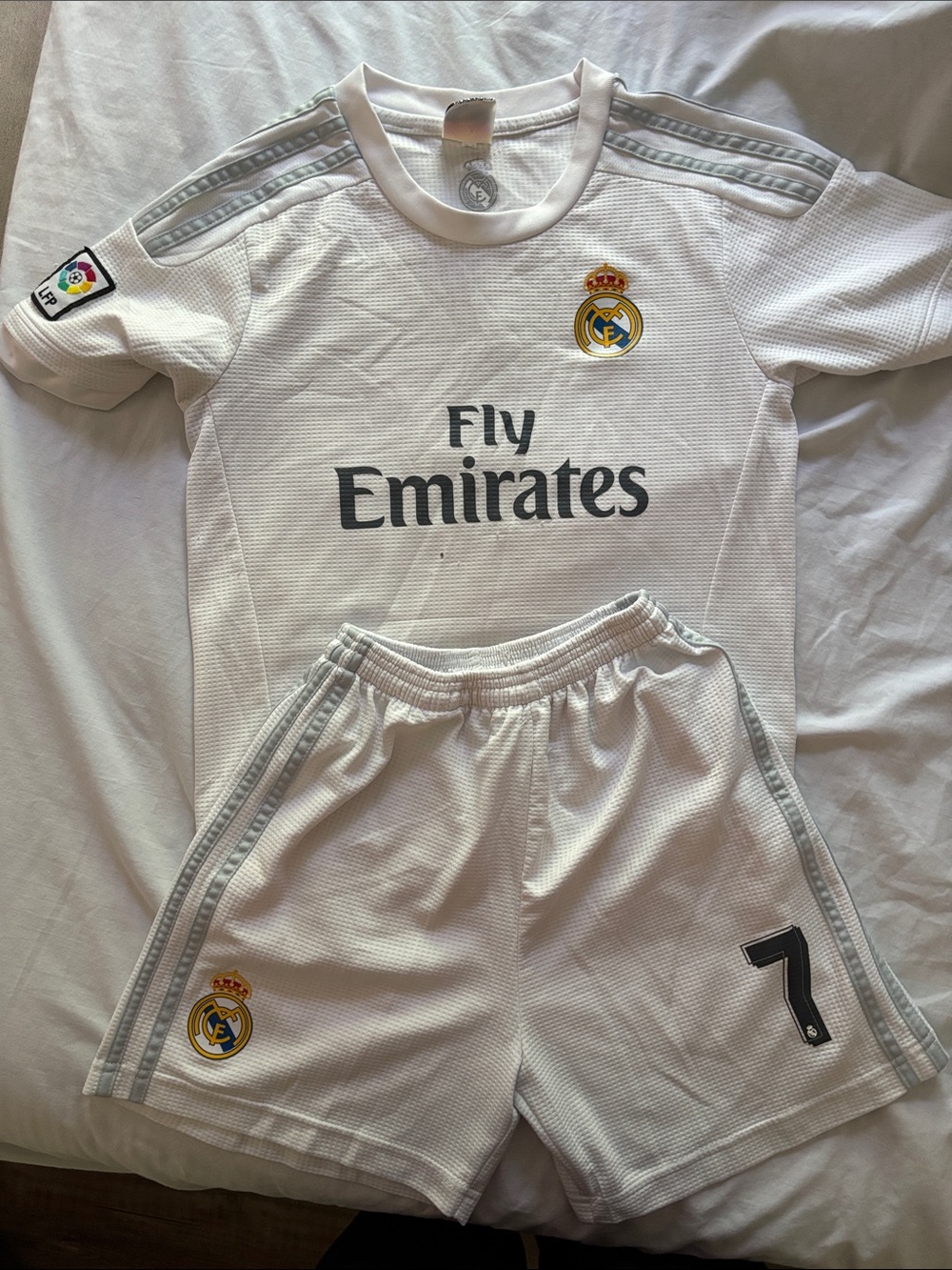 Real Madrid Kids White Home Soccer Set - Fly Emirates